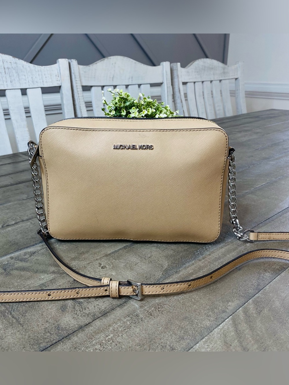 Michael Kors Jet Set Large East West Saffiano Leather Crossbody Bag Tan Silver